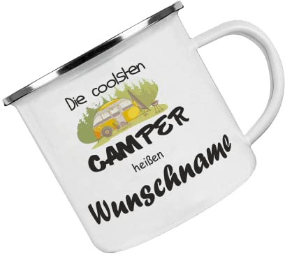 Crealuxe Emaille Tasse personalisiert 'Die Coolsten Camper heißen', Becher mit Name und Spruch, Camping Tasse