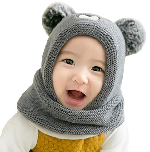 Vobozeany Baby schlupfmütze Warm Niedlich Bär Wintermütze Schalmütze Strickmütze mit Bommel Fleecefutter Beanie Mütze