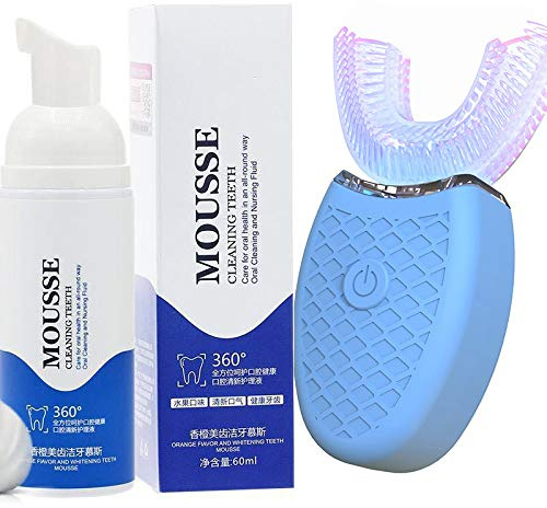 Electric Toothbrush Adults Ultrasonic Automatic U-Shaped Tooth Cleaner Waterproof Teeth Cleaning Plaque Removal Whitening Kit with Toothpaste, 360 ° Cold Light Teeth Whitening (Blue)