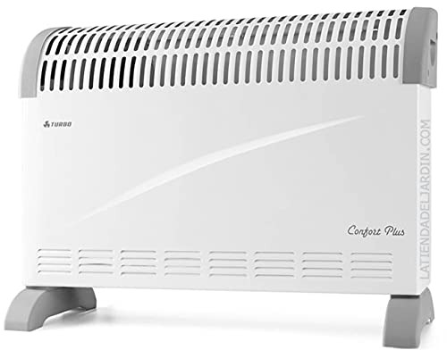 Convector con turbo. Potencia máxima 2000W. 3 niveles de potencia: 750, 1.250 y 2.000 W. Termostato regulable.
