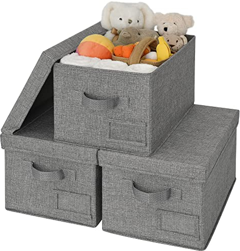 GRANNY SAYS Storage Boxes with Lids Pretty, Pack of 3 Clothes Storage Boxes for Wardrobe, Foldable Storage Box for Organising, Dark Grey Storage Basket with Label Holder, Closet Organizers and Storage