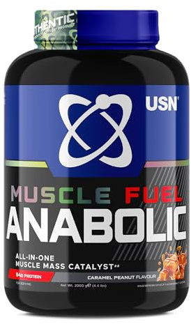 USN Muscle Fuel Anabolic All-In-One Muscle Mass Gainer, Caramel Peanut Flavour - 2kg, 54g Protein Powder, 5g Creatine Powder & 5g BCAA Powder For Maximum Muscle Growth, Post Workout Recovery Drink Mix
