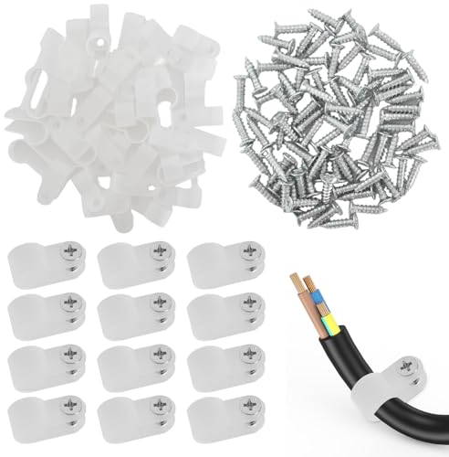 100 PCS Nylon R Type Cable Clamp, Wire Clamp Screw, 3/8 Inch Cable Clips Cord Organizer, Wire Management Clip 10.4 mm, Cables Clips White with Screws
