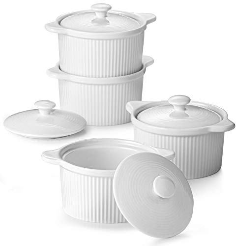 DOWAN 10 oz Ramekins with Lids Oven Safe, Creme Brulee Ramekin, Porcelain Souffle Dish Small Bowls, Stackable Ramekins with Cover and Handle for Baking, Set of 4, Soft White