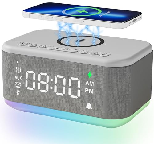 Alarm Clock Speaker Wireless Charger, Digital Alarm Clocks Bedrooms Bluetooth, Alarm Clock Dimmable Light Bedrooms Dual Alarm Snooze Dimmer 12 24H RGB Night Light Bluetooth USB AUX, Gray