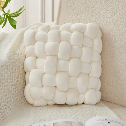 JELLYMONI White Square Knot Throw Pillow, Small Size Home Decorative Pillow, Decorative Ins Throw Pillow, Soft Velvet Knotted Decor for Room and Couch (S- 11.8Ă11.8Ă3.5, White)