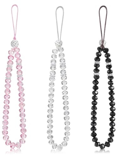 CAISYE Set di 3 Cordino per Cellulare Perline, Cordini per Cellulare con Perline di Cristallo, Accessorio di Moda per Telefoni, per Cellulare Anti-Smarrimento Ciondolo (Nero, Trasparente, Rosa)