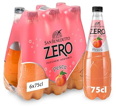 San Benedetto Pesca Zero, Bibita Analcolica Gassata, 6 x 750 ml, Zero Zuccheri Aggiunti e Pochissime Calorie, Rinfrescante e Leggera