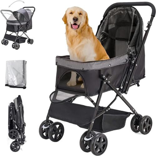 Joyfultails Passeggino per Cani Portata 20KG con Maniglia Reversibile e Cappottina Antipioggia - Carrello Pieghevole per Animali Domestici con Freni e Ampio Cestino, nero