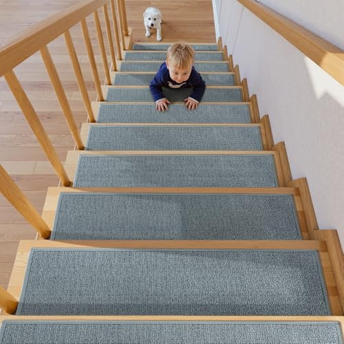 Tiveney Peldaños antideslizantes para peldaños de madera, 15 unidades de 8 x 30 pulgadas, lavables a máquina, con respaldo de goma, alfombra tejida antideslizante para escaleras de interior, peldaños