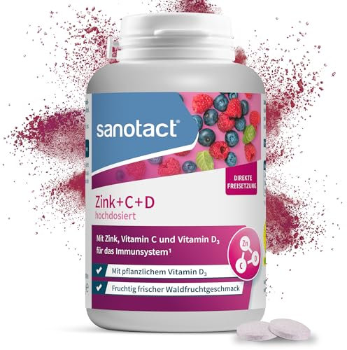 sanotact Zink+C+D hochdosiert | Zink Vitamin C und D Lutschtabletten | Waldfruchtgeschmack | Immunsystem | 150 vegan Zink Lutschtabletten