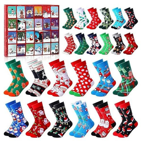 Socken Adventskalender 2024 für Damen Herren, 24 Paar Weiche Baumwolle Weihnachtssocken Countdown Kalender 2024,24 Tage Weihnachten Adventskalender mit Weihnachtsmotiven Socken für Erwachsene
