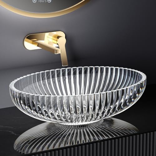 EMKE Lavabo da appoggio in vetro ovale, lavabo in vetro trasparente, 51 x 35 x 15 cm, di alta qualità per bagno e WC degli ospiti, lavabo senza foro per rubinetto