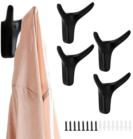 Lot de 4 crochets muraux doubles noirs - En alliage de zinc - Idéal pour porte-manteau de salle de bain, cuisine, bureau - Avec vis (noir, dimensions : 65 x 62 mm)