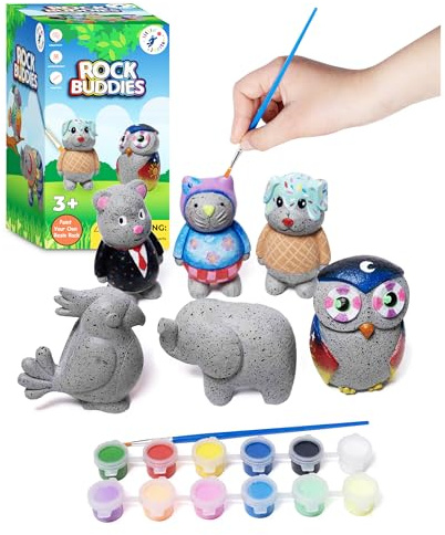 Rock Buddies - DIY Resin Shaped Stone Like Material Animal Figures - Ideal Arts and Crafts for Kids 3-12 Yrs old - Complete Kids Painting Crafts with 6 Projects, Paint, & Brush - Children's Activities