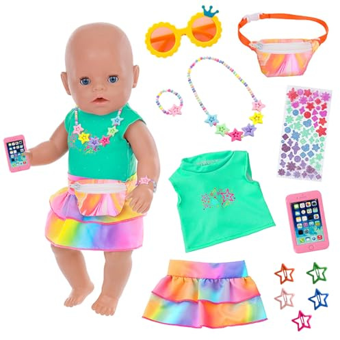 13 stycken dockkläder för 35–45 cm babydockor, färgglada pentagram uppsättningar med västar kjol väskor glasögon halsband armband clips klistermärken för 14–18 tum nyfödda babydockor barn födelsedag