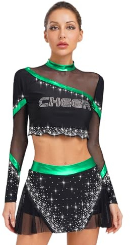 Aislor Cheer Leader Kostüm Damen Karneval Weihnachten Glitzer Cheerleading Uniform Langarm Crop Top Und Minirock Farbblock Tanzkostüm Halloween Grün M