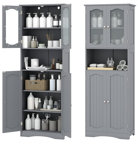 GIANTEX Armadio Alto da Bagno con Ante in Vetro Temperato, Ripiani Regolabili, Kit Anti-Ribaltamento, per Bagno, Soggiorno, Sala da Pranzo e Cucina, 60x30x164 cm (Grigio)