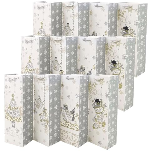 12 PCS Christmas Bottle Bag Wine Gift Bags Kraft Paper Champagne & Whiskey Gift Bags with Handles, For Spirits Xmas Party Decoration (White)