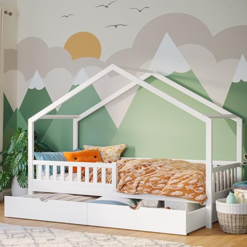 Bellabino Vils Kinderbett 90x200 cm – Hausbett mit großer Schublade, Rausfallschutz & Lattenrost in Weiß – Montessori Kinder Bett aus Kiefer Massivholz – Kleinkindbett für Jungen und Mädchen
