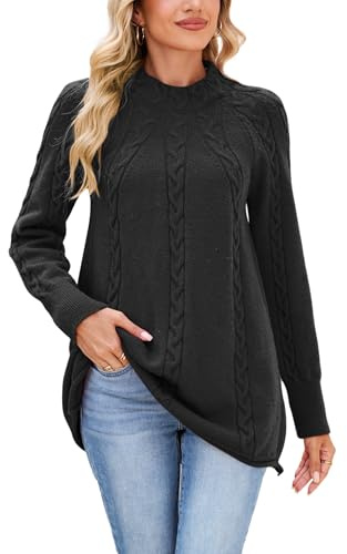 Famulily Black Jumper for Women UK Mock Neck Cable Sweaters Long Sleeve Chunky Knit Ladies Pullover (L, Black)