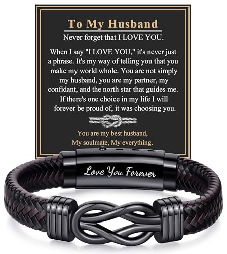 RANKEEF Leather Bracelet Gifts for Husband, Brown Braided Leather Bracelet Infinity Knot Design Adjustable Bracelets Gifts for Birthday Christmas Valentines Father's Day