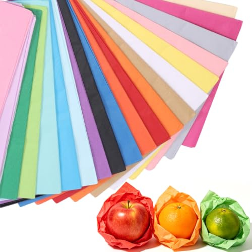100 Hojas de Papel de Seda, 20 Colores, 5 Hojas por Color, 50 x 70 cm, 14 g/m² Papel Libre de Ácido para Embalaje, Regalo y Material de Relleno para Bodas, Cumpleaños, Decoración y Bolsas Regalo