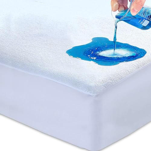 Linens World 100% Cotton Waterproof Mattress Protector Double-Non-Allergenic & Breathable, Deep Double Mattress Protector Non-Noisy Washable Bed Mattress Protectors (135 x 190 cm)