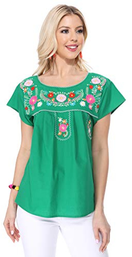 unik Women Traditional Puebla Mexican Embroidered Blouse Size Small Green