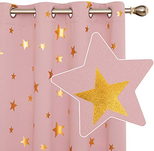 Deconovo Blackout Kids Curtains for Bedroom, Gold Star Foil Printed Eyelet, Thermal Insulated for Nursery, 46 x 90 Inch, Coral Pink, 2 Panels