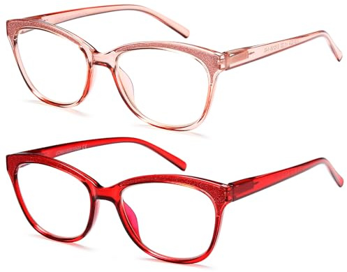 NEW VISION 2 Pack Dam Läsglasögon, Anti-Blått Ljus Glasögon, Fjädergångjärn Läsglasögon NV1157, Röd + rosa, Taglia unica