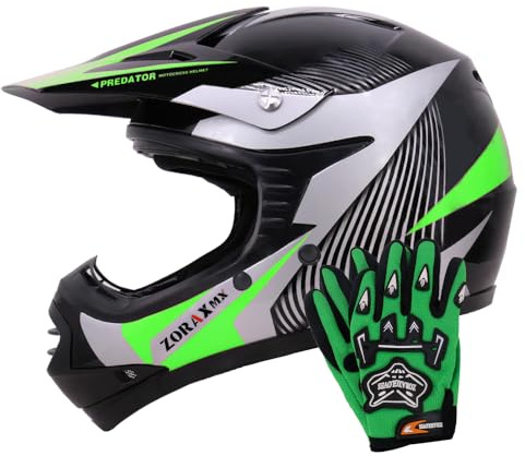 Zorax ZOR-X19 Youth Motocross Helmet & Gloves - Green M (51-52cm) | Gloves M(6cm) Children Dirt Bike Off Road Motorbike Helmet ECE 2206