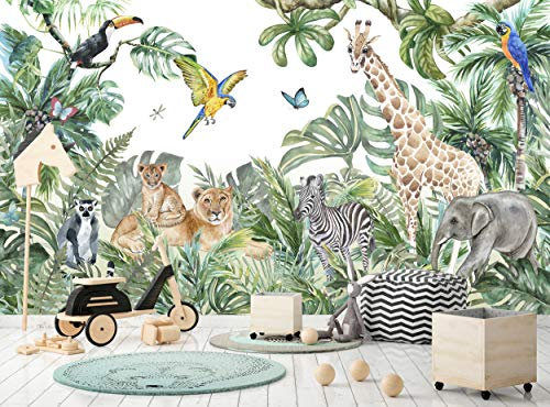 Papier peint photo de la jungle et des animaux pour chambre d'enfant - 366 cm x 254 cm (l x H) - Aquarelle - Décoration murale en papier - Poster lions, girafes, éléphants