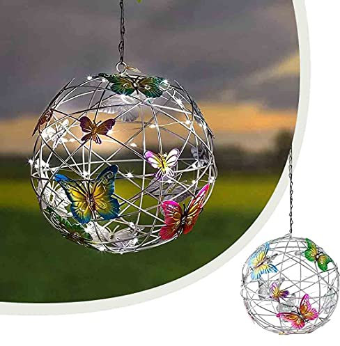 Butterfly Solar Lights Outdoor Garden Ball,Solar Lighted Hanging Mesh Orb with Colorful Butterflies,Solar Crackle Globe Hanging Ball Lights,Led Waterproof Art Lanterns Lamp for Garden, Patio, Porch