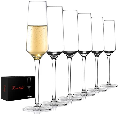 BACLIFE Champagne Flutes - Hand Blown Elegant Champagne Glasses Set of 6 - Unique Gift for Mother's Day, Birthday, Wedding - Ideal for Wine Tasting, Daily Use - 7.5 oz, Clear