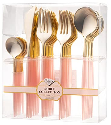 Decor Decorline – återanvändbara robusta plastbestickset – 40 delar – med 16 gafflar, 8 knivar, 8 skedar och 8 kaffe/teskedar – Nobel Collection – Topp: Glänsande guld – handtag: Puderrosa