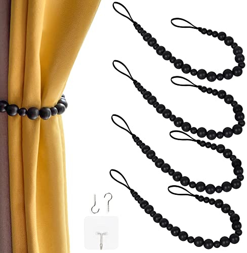 2 alzapaños de cortina de cuentas de madera, estilo bohemio, para cortinas, lazos de cortina de pared, tratamiento de ventanas, alzapaños con ganchos para dormitorio, pared comedor ( negro, 4)