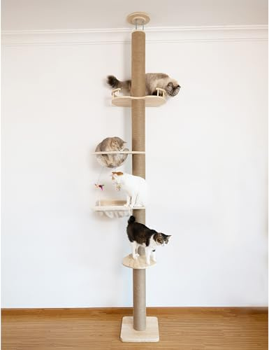Floor-to-Ceiling Cat Tree with Natural Sisal Rope Scratching Post - Adjustable Height (55-119 Inches) - Modern Cat Activity Tree, Cat Scratcher Post
