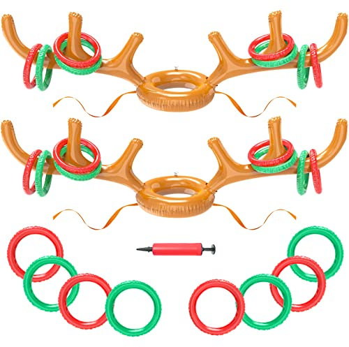 OWill 2 Pcs Christmas Party Toss Game Inflatable Reindeer Antler Hat with Rings for Kids Adults Family Xmas Fun Games (Classic Model)
