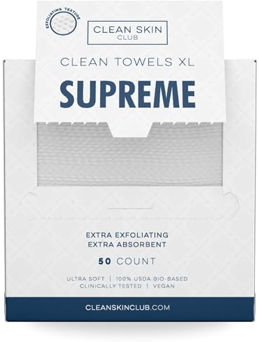 Clean Skin Club Clean Towels XL™ Supreme, 100% USDA Biobased Dermatologist Approved Face Towel, Gentle Exfoliation, Disposable Facial Washcloth, Makeup Remover Dry Wipes, 50 Count