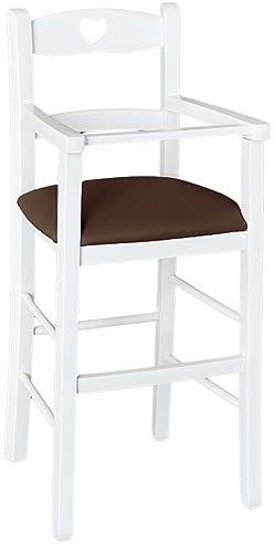 Hochstuhl aus weißem Holz mit Sitz aus braunem Kunstleder