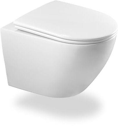 Spülrandlose Toilette mit Toilettendeckel,Hänge-WC aus Keramik, Moderne Toilette WC Set,Toilettendeckel D Form (Weiß)