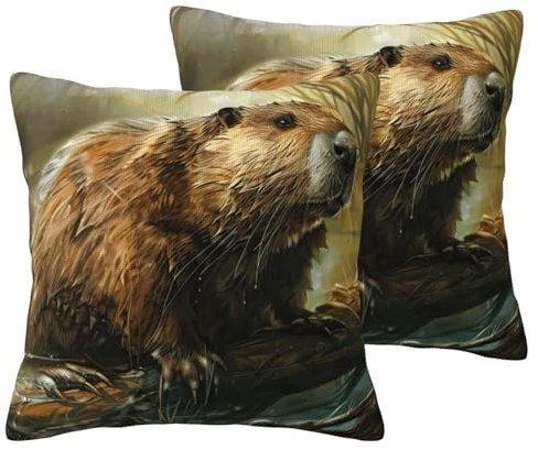 Beaver print 2 Pack Soft Imitation Linen Pillowcases for Home Decor, with Hidden Zipper