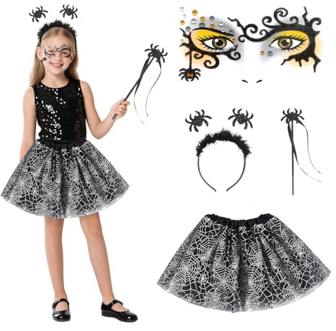 Halloween Deguisement Sorciere Fille,Costume Sorciere Enfant avec Araignées Autocollants,Deguisement Sorciere Fille,Tutu Sorcière avec Araignées Bandeau Bâton,Costume de Sorcière Halloween (Argent)