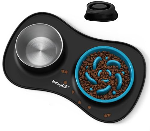 MateeyLife Set de Gamelle Chien 3 en 1, Gamelle Anti Glouton et Eau en Acier Inoxydable avec Tapis Anti-Dérapant en Silicone, Bols pour Chiots pour Races Petites, Moyennes et Grandes 51.5×30.7 cm