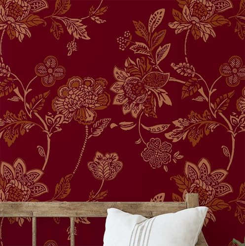S4Sassy Vintage blommig tapet – vinröd väggtäckning, 63 cm x 914 cm självhäftande texturerade vinylväggpapper, väggomslag, enkel gör-det-själv väggtäckning för bondgård sovrum, vardagsrum, skåp