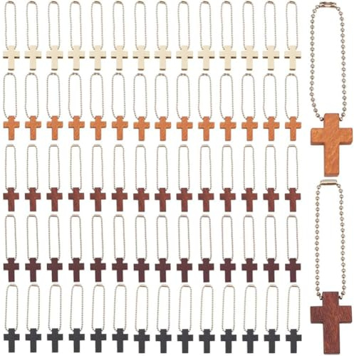 PH PandaHall 150 piezas de cruz de bolsillo de madera, 5 colores, mini llaveros de cruz de madera a granel con cadenas para manualidades, joyería, Pascua, bautizo, regalos de Navidad, 2 x 1,5 cm