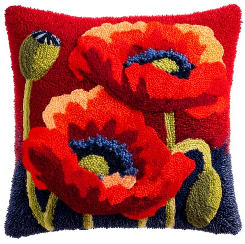 Kitquiver Kit Di Ganci Per Adulti, Fiore Di Papavero Kit Fai Da Te Per Cuscini All'Uncinetto Prestampati, Kit Per Cuscino Con Gancio E Fermo Per Tappeto, Per Decorare La Casa E Il Divano, 43 X 43Cm