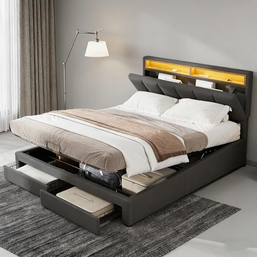 FOERPL Camas 140x190 con Almacenaje Hidráulica y 2 Cajones, Cama Tapizada de Matrimonio con iluminación LED, 140x190cm Cama Canapé con Cabecero y Somier, Lino