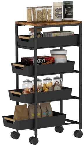 HOMCOM Desserte Cuisine 5 Niveaux, Chariot de Service, Chariot de Rangement à roulettes avec 4 tiroirs coulissants, étagère de Rangement, pour Salon, Cuisine, Salle à Manger, Salle de Bain, Noir